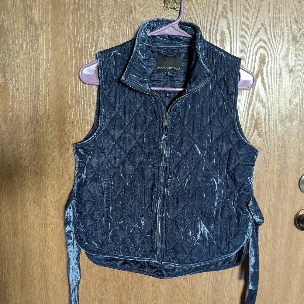 Banana Republic Blue Velvet Quilted Vest w/ Side Bows, XS